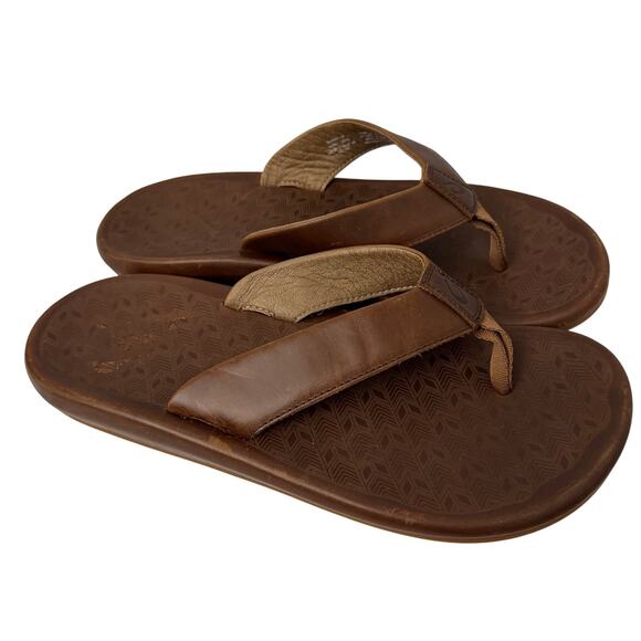 OluKai Sandals Mens Size 12 Ilikai Flip Flop Toffee Brown Leather Slip On Beach